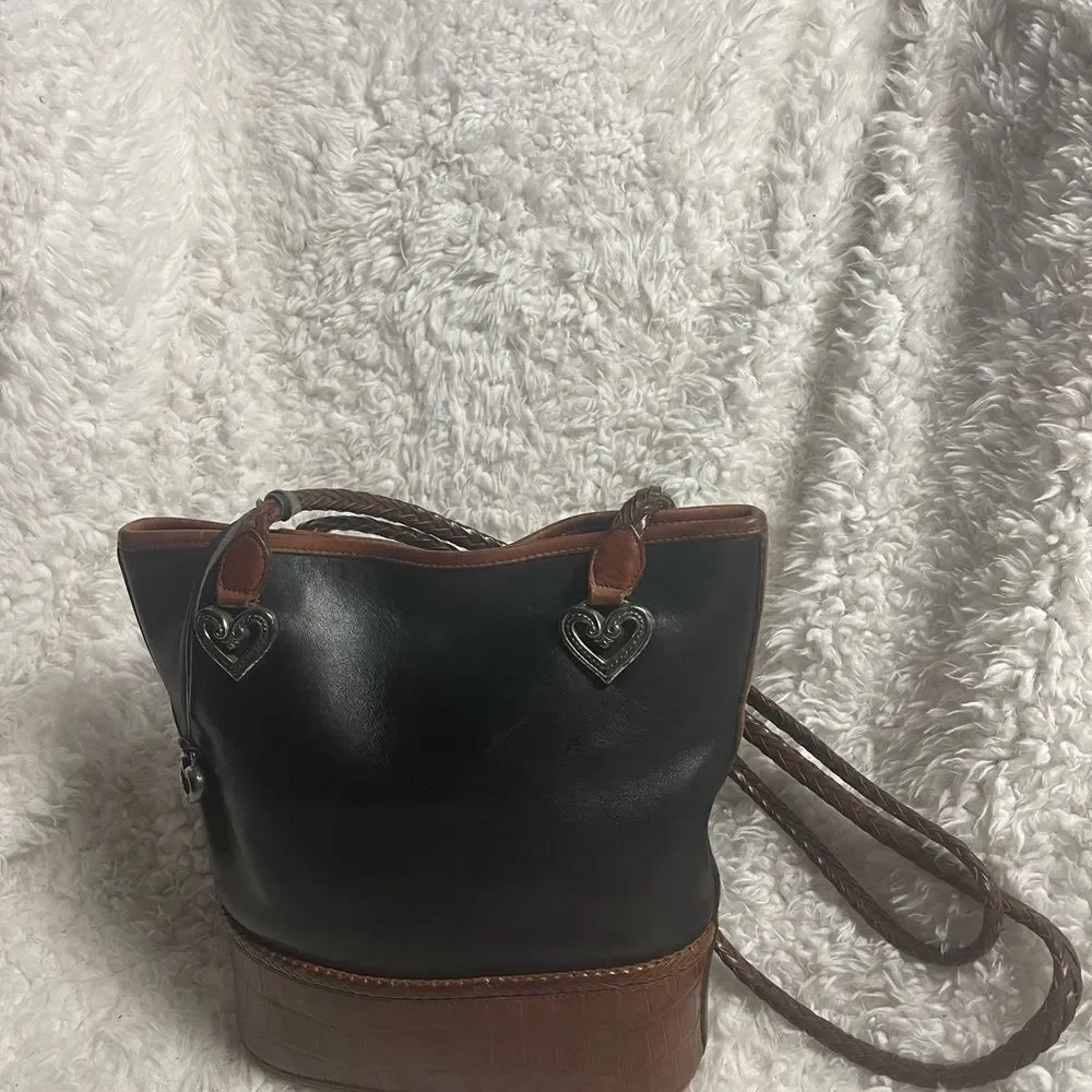 Brighton leather Black and Brown crocs print bucket style shoulder bag .